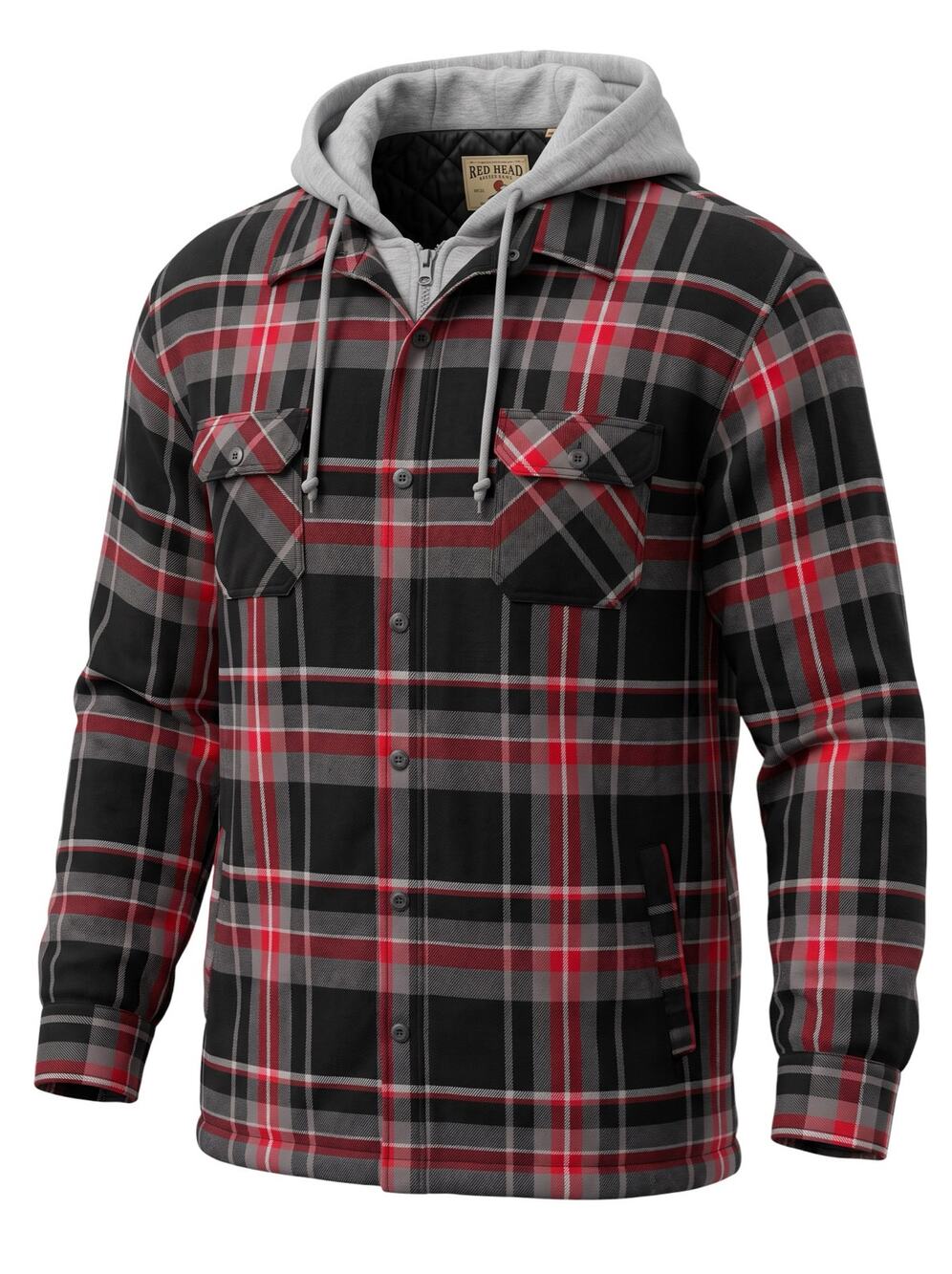 RedHead Men's 3x Red Black Plaid Quilted-Lined Hooded Shirt Jacket Shacket Top